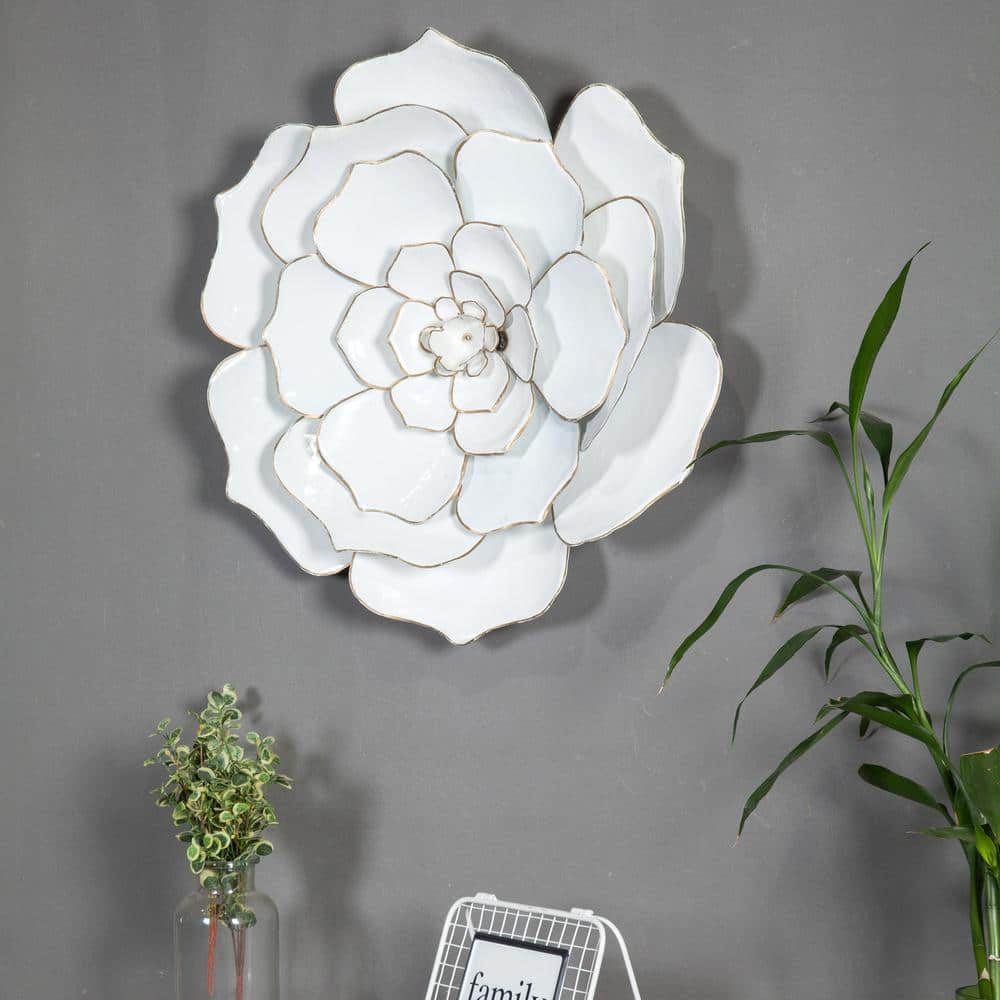 24-Inch White and Gold Iron Flower Wall Sculpture