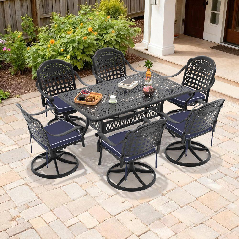 Black 7-Piece Cast Aluminum Outdoor Dining Set with 6 Swivel Rockers with Blue Cushion and Rectangular Table price history on PriceWatchPro