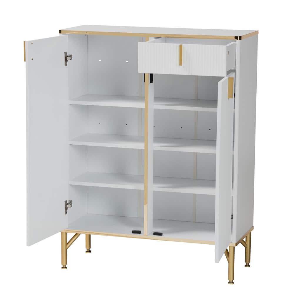 Lilac White Wood and Gold Metal 2-Door Shoe Cabinet
