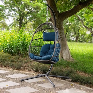 78 in. Wicker Aluminum Patio Swing Chair with Blue Cushion