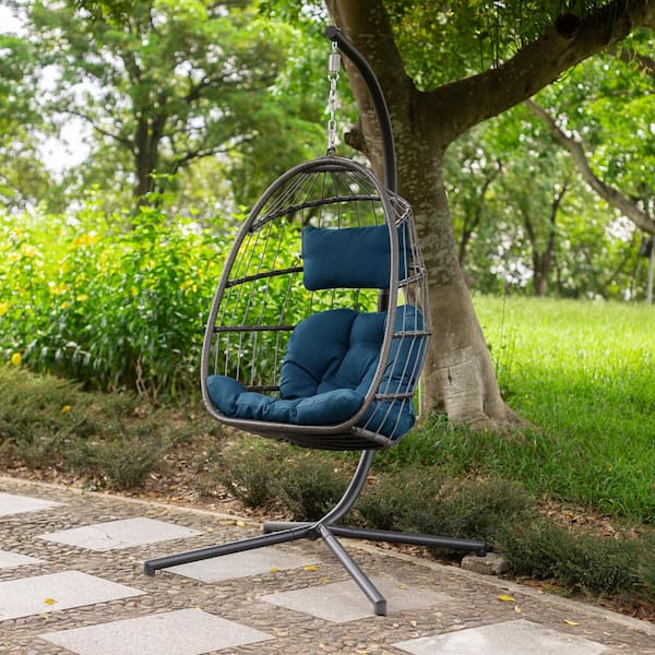Nestfair 78 in. Wicker Aluminum Patio Swing Chair with Blue Cushion