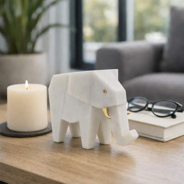 White 11 in. x 7 in. Resin Geometric Elephant Sculpture