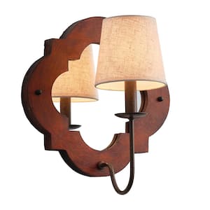 13.7 in. Antique Wooden 1-Light Wall Sconce with Beige Linen Shade