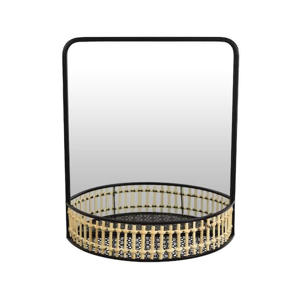 Elpis Black 6.75 in W x 19.75 in. H Rectangle Metal Framed Mirror with Woven Shelf