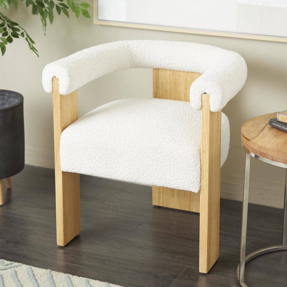 Celina Cream Polyester Curved Back Mid Century Modern Round Boucle Accent Chair with Light Brown Wood Frame