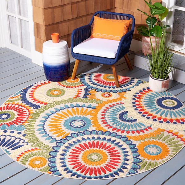 Cabana Blue/Ivory 8 ft. x 8 ft. Round Medallion Floral Indoor/Outdoor Area Rug