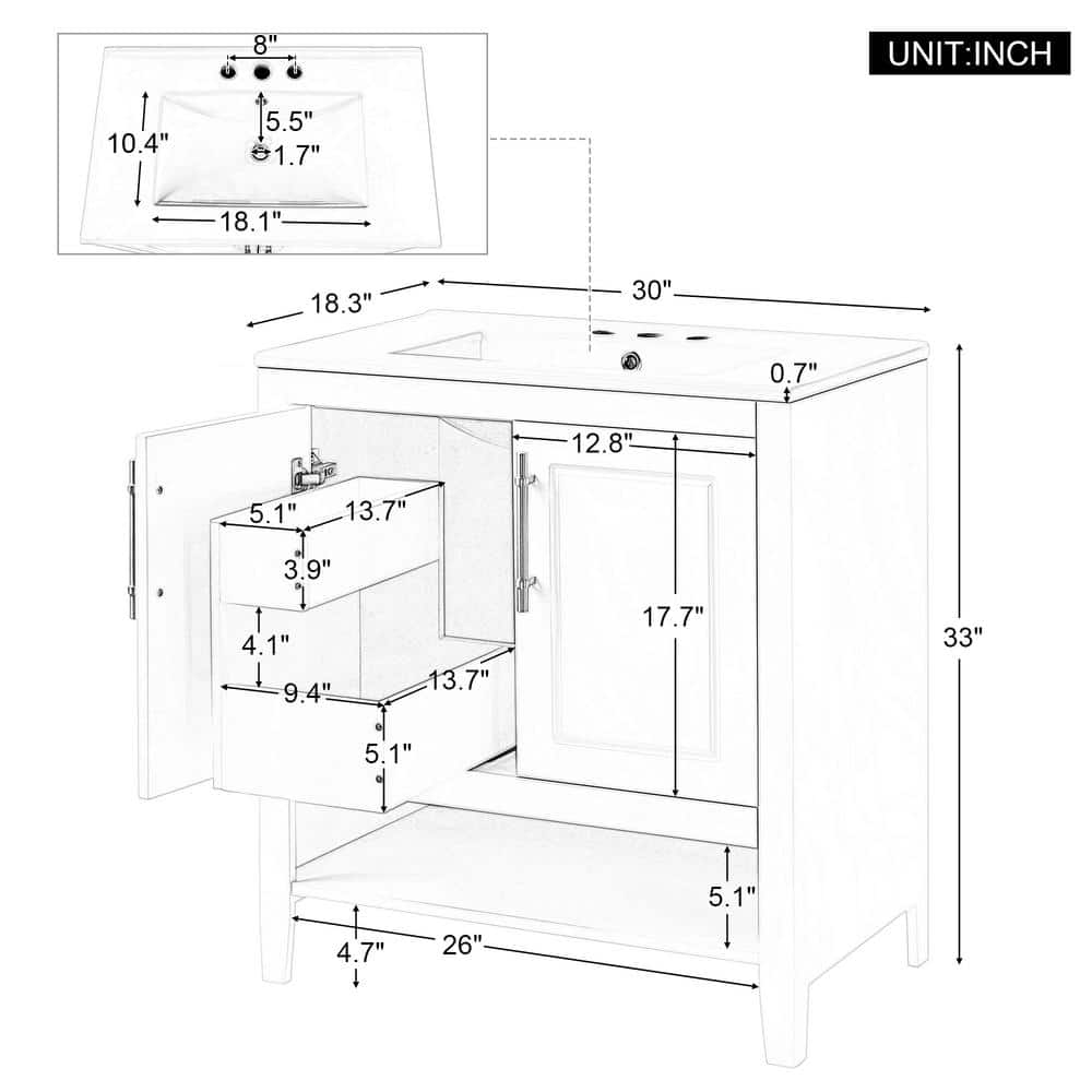 30" White Wood Freestanding Single Sink Bath Vanity with Ceramic Top