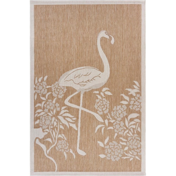Clover Scenic Natural Beige 5 ft. x 7 ft. Flamingo Bird Indoor/Outdoor Area Rug
