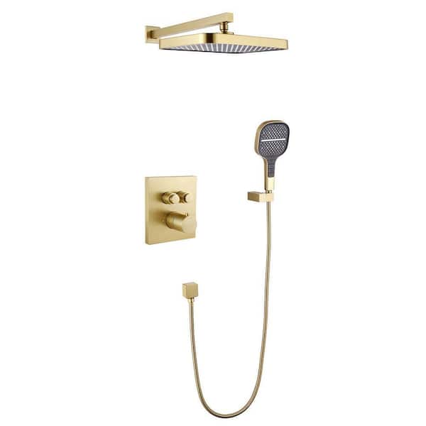 2-Spray 13 in. Wall Mounting Dual Shower Head and Handheld Shower Head Flow Rate 1.8 GPM in Brushed Gold