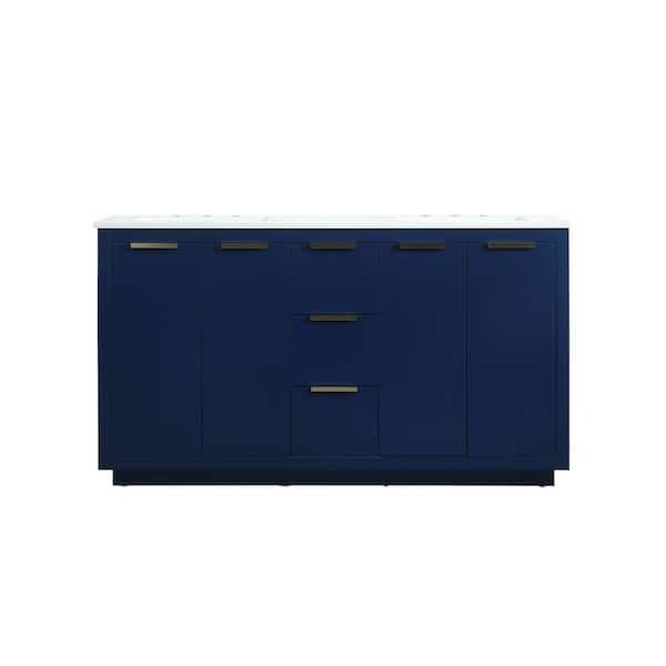 Unbranded Timeless Home 60 in. W Double Bath Vanity in Blue with Engineered Stone Vanity Top in Calacatta with White Basin