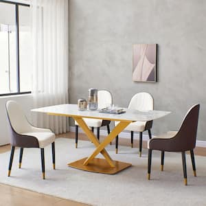 Beige PU Leather Dining Chair with Solid Wood Metal Legs (Set of 2)