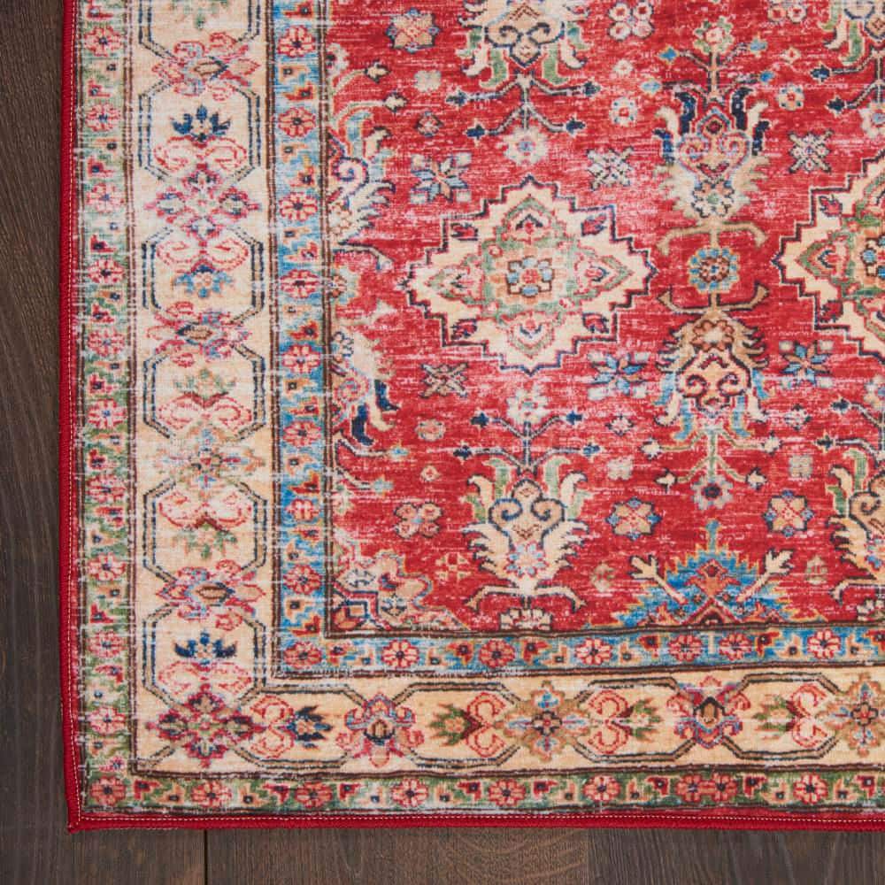 Red and Beige Synthetic Runner Rug with Non-Slip Backing