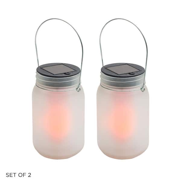 Alpine Corporation Outdoor Solar Powered Pathway Lantern Flickering LED Light Jars, LED Solar Decor, Set of 2