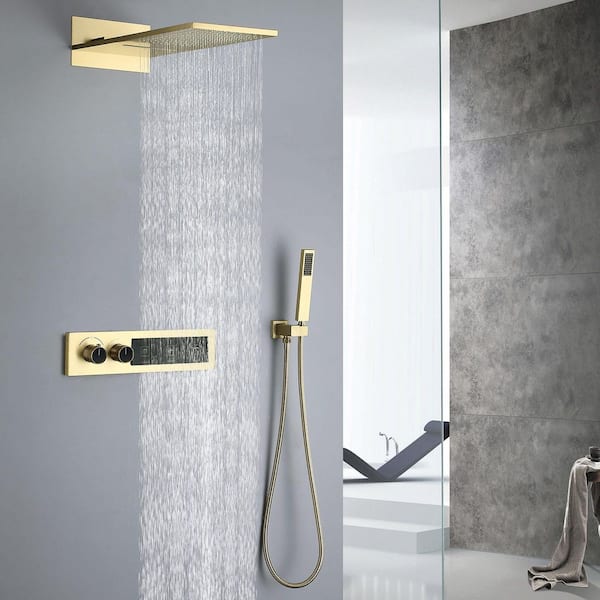 4-Spray Dual Wall Mount Fixed and Handheld Shower Head 1.59 GPM in Brushed Gold Thermostatic Rain Waterfall Shower Set