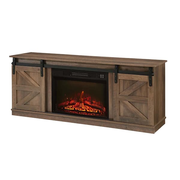 58 in. W Freestanding Electric Fireplace TV Stand with Farmhouse Sliding Barn Doors in Brown