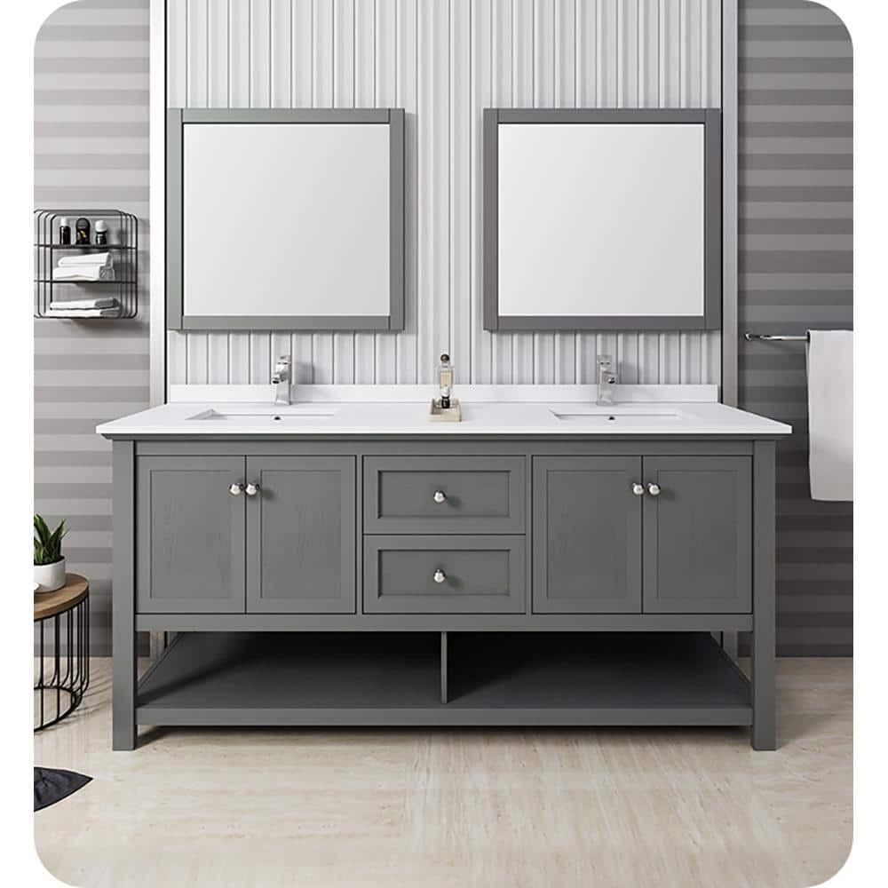 Gray Solid Wood and MDF Freestanding Double Sink Bathroom Vanity