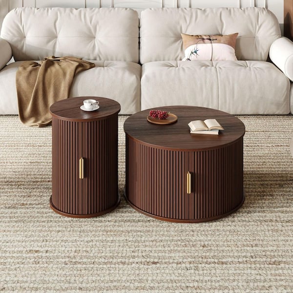 31.4 in. Walnut Round MDF Coffee Table with Round Fluted End Table with Sliding Tambour Door