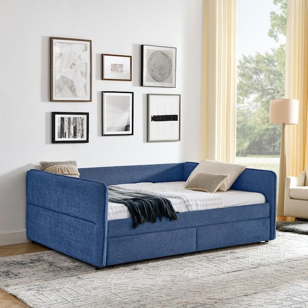 Zenton Modern Blue Boucle Fabric Upholstered Queen Size Daybed Sofa Bed with Drawers