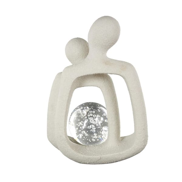 Litton Lane 10 in. x 15 in. White Polystone Abstract Textured People Sculpture with Clear Glass Bubble Orb and Black Speckles