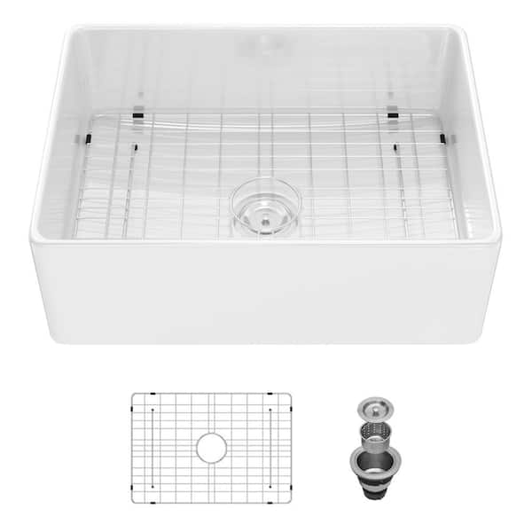 Unbranded 28 in. Farmhouse/Apron-Front Single Bowl White Ceramic Kitchen Sink with Drain Assembly and Bottom Grid