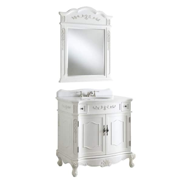 Benton Collection Fairmont 36 in. W x 22 in. D x 35 in. H Single Sink Bath Vanity in Antique White Color with White Marble Top and Mirror