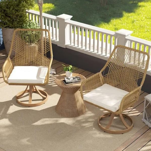 Phewnyzo 2-Piece Brown Outdoor Metal Swivel Garden Lawn Chair with White Cushions, Rattan Backrest and 360° Rotation for Lawn