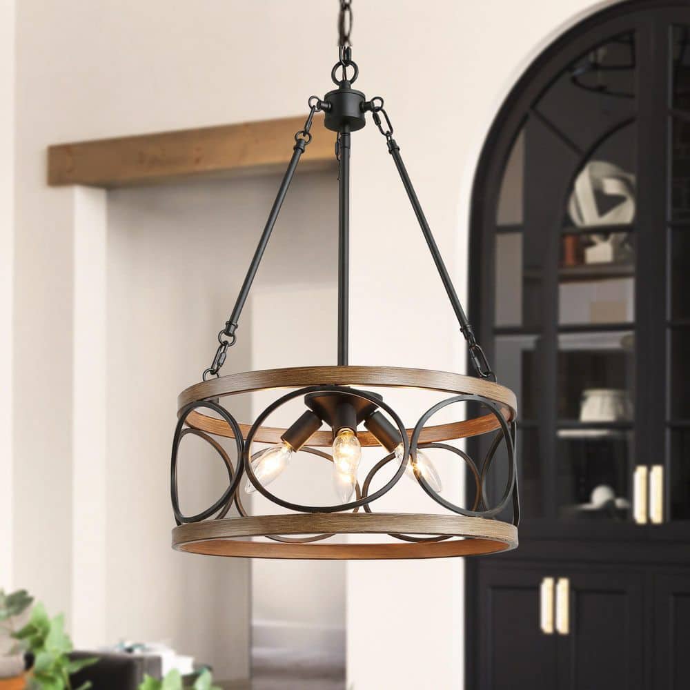 LNC Brown Drum Chandelier, 4-Light Black Cage Farmhouse Chandelier