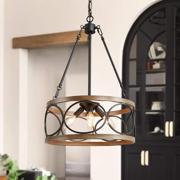 LNC Brown Drum Chandelier, 4-Light Black Cage Farmhouse Chandelier Dining Room Pendant Light with Wood Accents