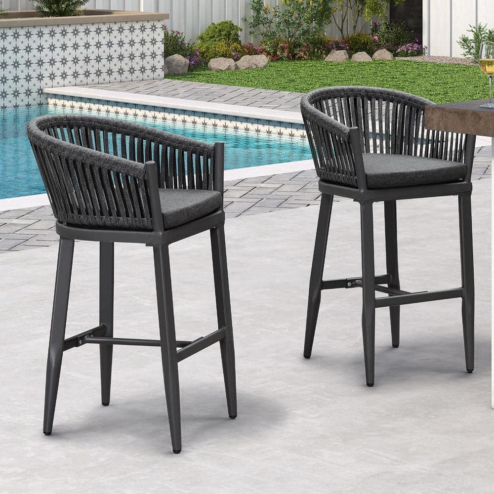 Modern Aluminum PE Rattan Bar Height Outdoor Bar Stool with Back and Grey Cushion (2-Pack) price history on PriceWatchPro