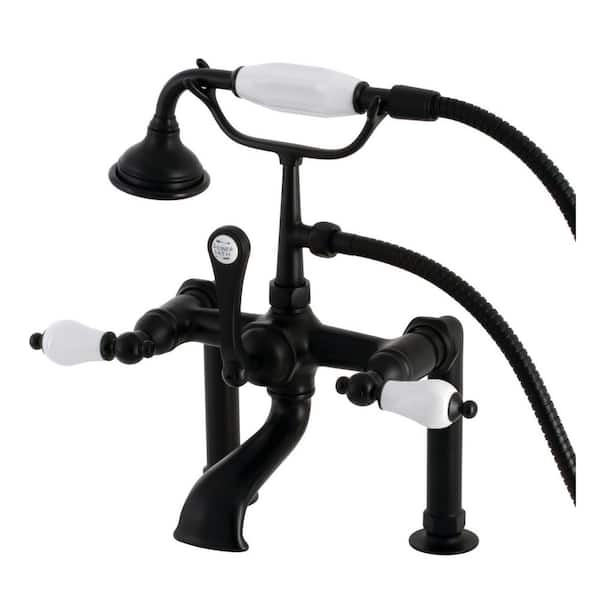 Kingston Brass Aqua Vintage 3-Handle Deck-Mount Clawfoot Tub Faucets with Hand Shower in Matte Black