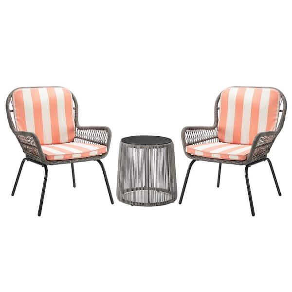 Willit 3-Piece Wicker Round Bar Height Outdoor Bistro Set with Orange Striped Cushion
