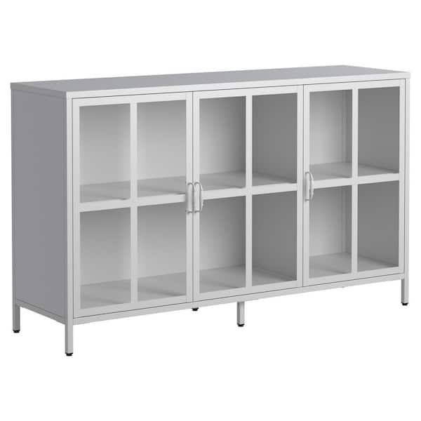 Amucolo White 33.4 in. Heavy Duty Metal Sideboard Buffet Cabinet Office Storage Cabinet with Glass Doors