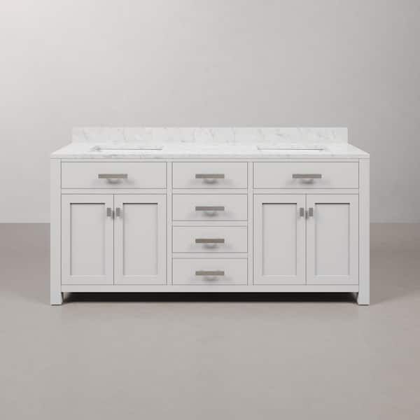 Madison 72 in. W x 21.5 in. D x 34 in. H Double Sink Bath Vanity in Pure White with Carrara White Marble Top