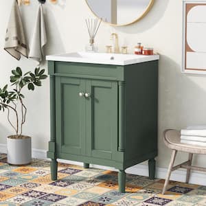 24 in. W x 18 in. D x 34 in. H Single Sink Freestanding Bath Vanity in Green with White Resin Top
