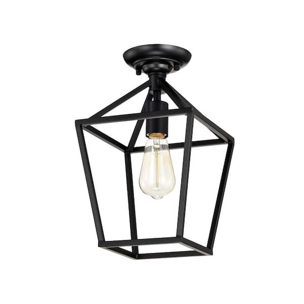 8.5 in. 1-Light Matte Black Farmhouse Semi-Flush Mount Ceiling Light with Caged Metal Shade