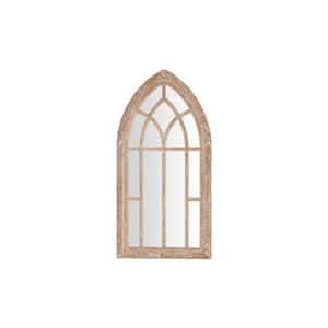 Medium Arched Natural Wood Windowpane Antiqued Farmhouse Accent Mirror (30 in. H x 15 in. W)