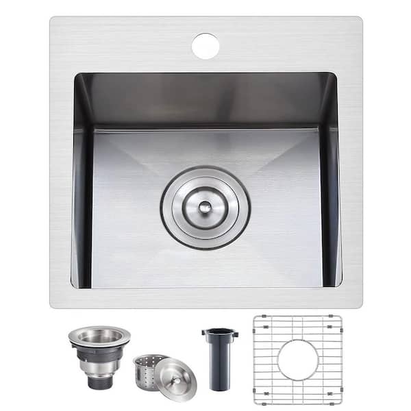 16-Gauge Stainless Steel 15 in. Drop-in Bar Sink with Grid and Drain Strainer in Brushed Nickel, Dents Resistance