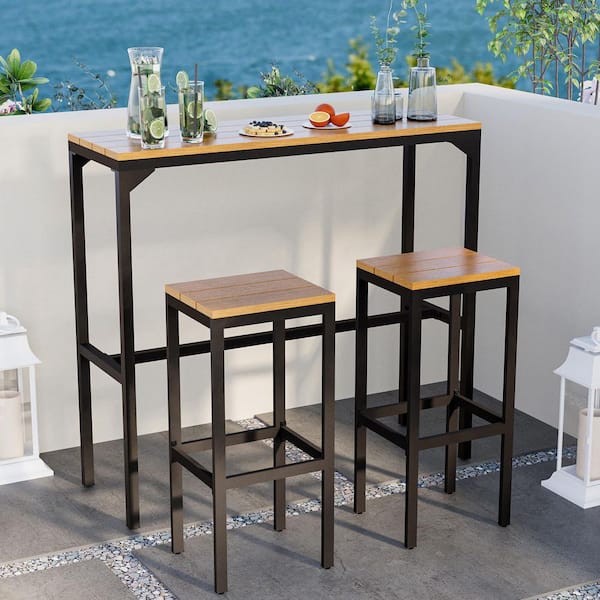 Zeus & Ruta 3-Piece Black Metal Outdoor Bar Stool with 1 Bar Table