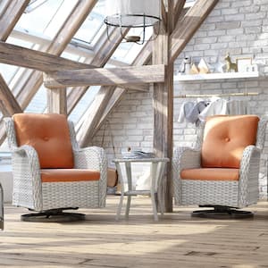 3-Piece Gray Wicker Patio Conversation Set Swivel Rocking Chair with Orange Cushions and Table