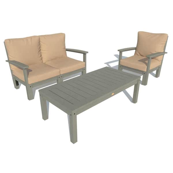 Highwood Bespoke Deep Seating 3-Piece Plastic Outdoor Loveseat, Chair, and Conversation Table and Driftwood Cushions
