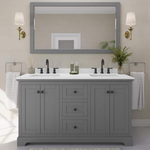 Wyndham Collection Avery 60 in. W x 22 in. D x 35 in. H Double Bath Vanity in Dark Gray with White Quartz Top