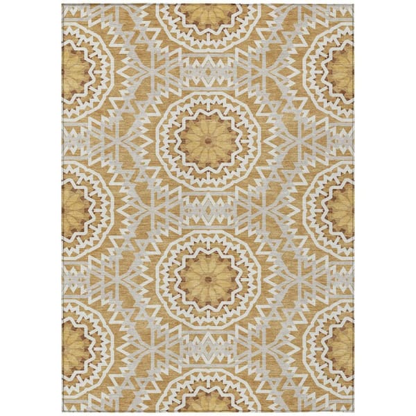 HomeRoots Gold, Gray, Ivory 5 ft. x 8 ft. Woven Floral, Medallion Polyester Rectangle Indoor/Outdoor Area Rug