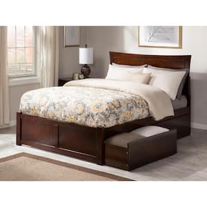 Metro Walnut Full Solid Wood Storage Platform Bed with Flat Panel Foot Board and 2 Bed Drawers