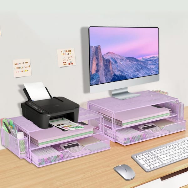 Purple 15.7 in. x 5 in. Metal Modern Desk Organizer Stand with Drawer and 2 Pen Holders