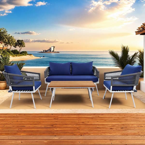 Bohemian Blue Rope Outdoor Lounge Chair with Blue Cushions (Set of 4)