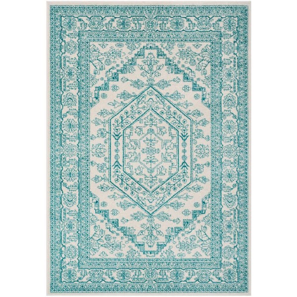 Adirondack Ivory/Teal 6 ft. x 9 ft. Border Medallion Area Rug