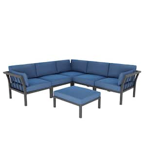 6-Piece Metal Patio Conversation Set with Blue Cushions