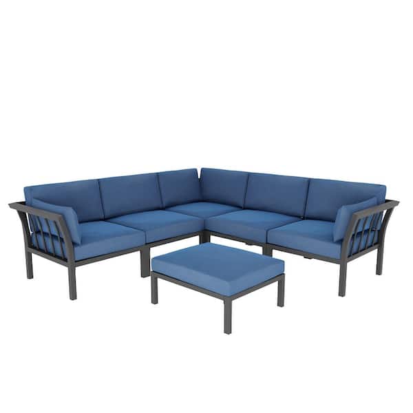 TOP HOME SPACE 6-Piece Metal Patio Conversation Set with Blue Cushions