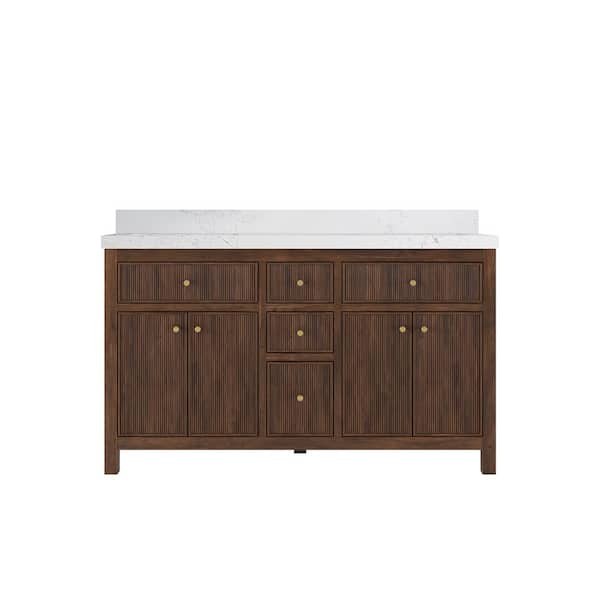 Willow Collections Sonoma Teak 60 in. Double Sink Freestanding Dark Walnut Bath Vanity with Empira White Qt. Top Unassembled