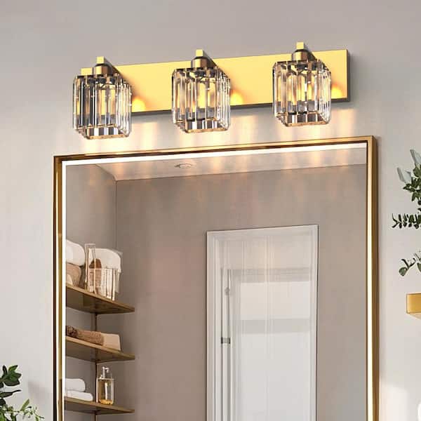 24 in. 3-Light Modern Crystal Bathroom Integrated LED Vanity Light, Gold Finish with Clear Glass Shades